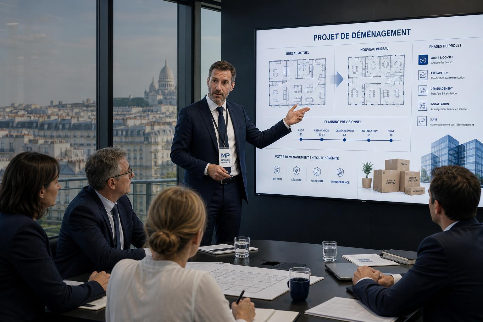 Consultant Mobility Partner présentant un projet de déménagement à l'équipe dirigeante cliente